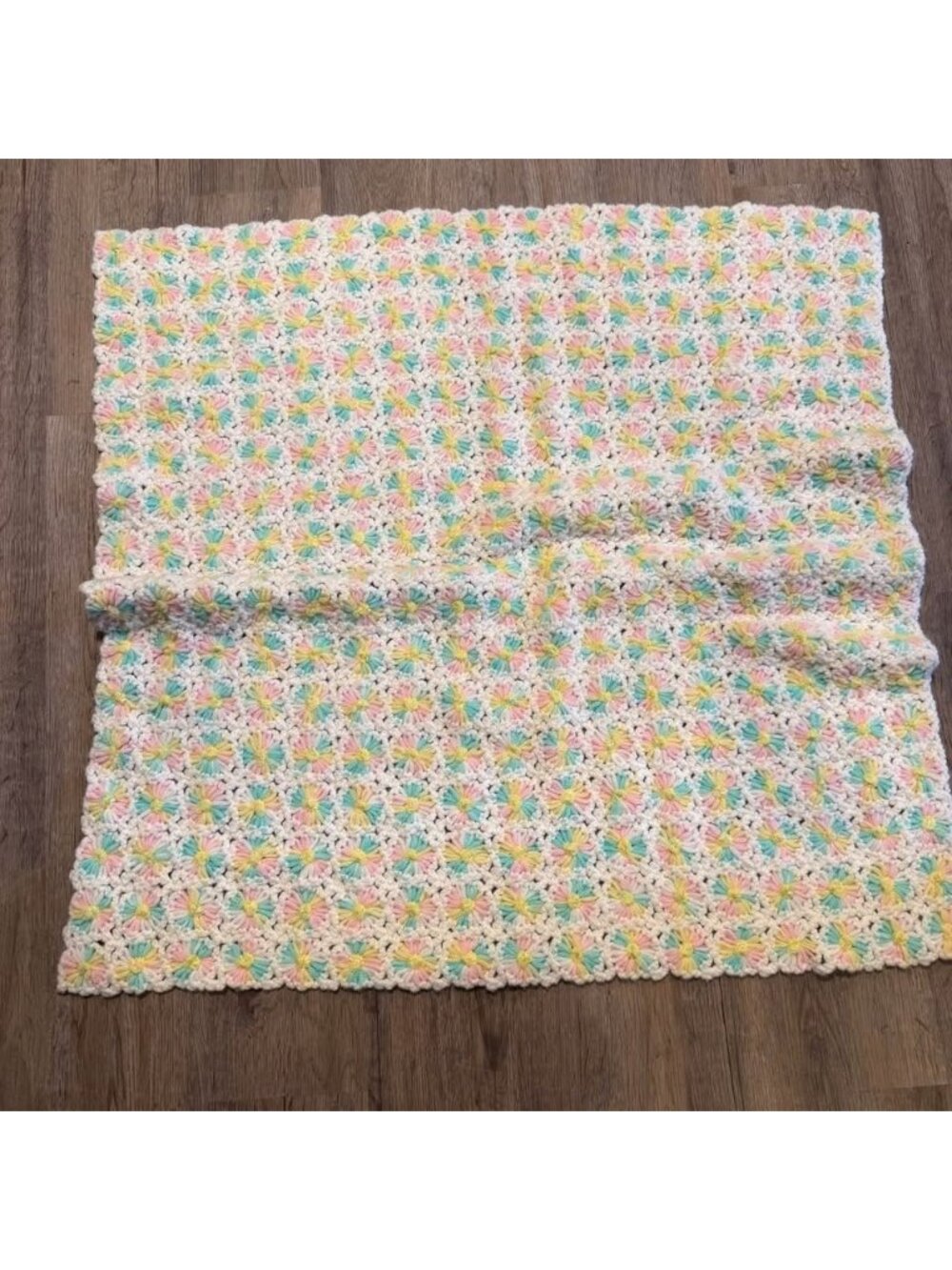 Handmade Pastel Crochet Floral Colorful Baby Blanket Square Vtg Approx 34x34”